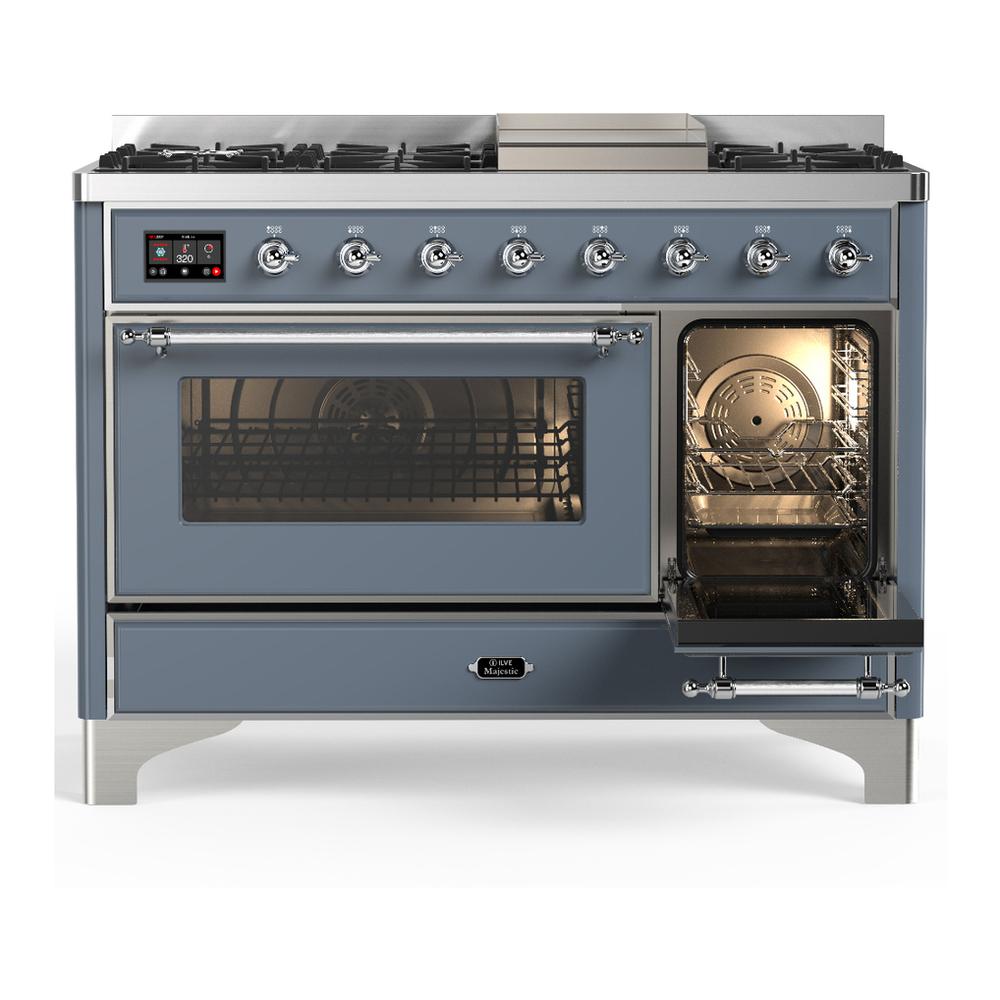 Ilve UM48FNR3BGCLP Ilve Um48Fnr3Bgclp Majestic Iii 48 Inch Dual Fuel Range With 8 Burners And Griddle, Dual Function Burner Up To 25,000 Btu (Liquid Propane, Triple Glass Door, Blue Grey, Chrome)