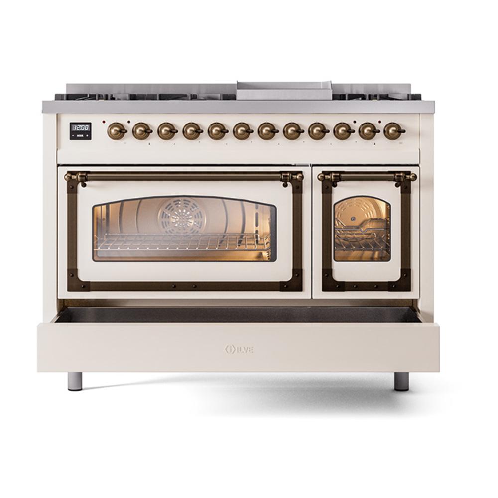 Ilve UN48FNMPAWBLP Ilve Un48Fnmpawblp Nostalgie Ii Noblesse 48" Dual Fuel Range (8 Sealed Burners + Griddle, Liquid Propane, Triple Glass Door, Antique White, Burnished)