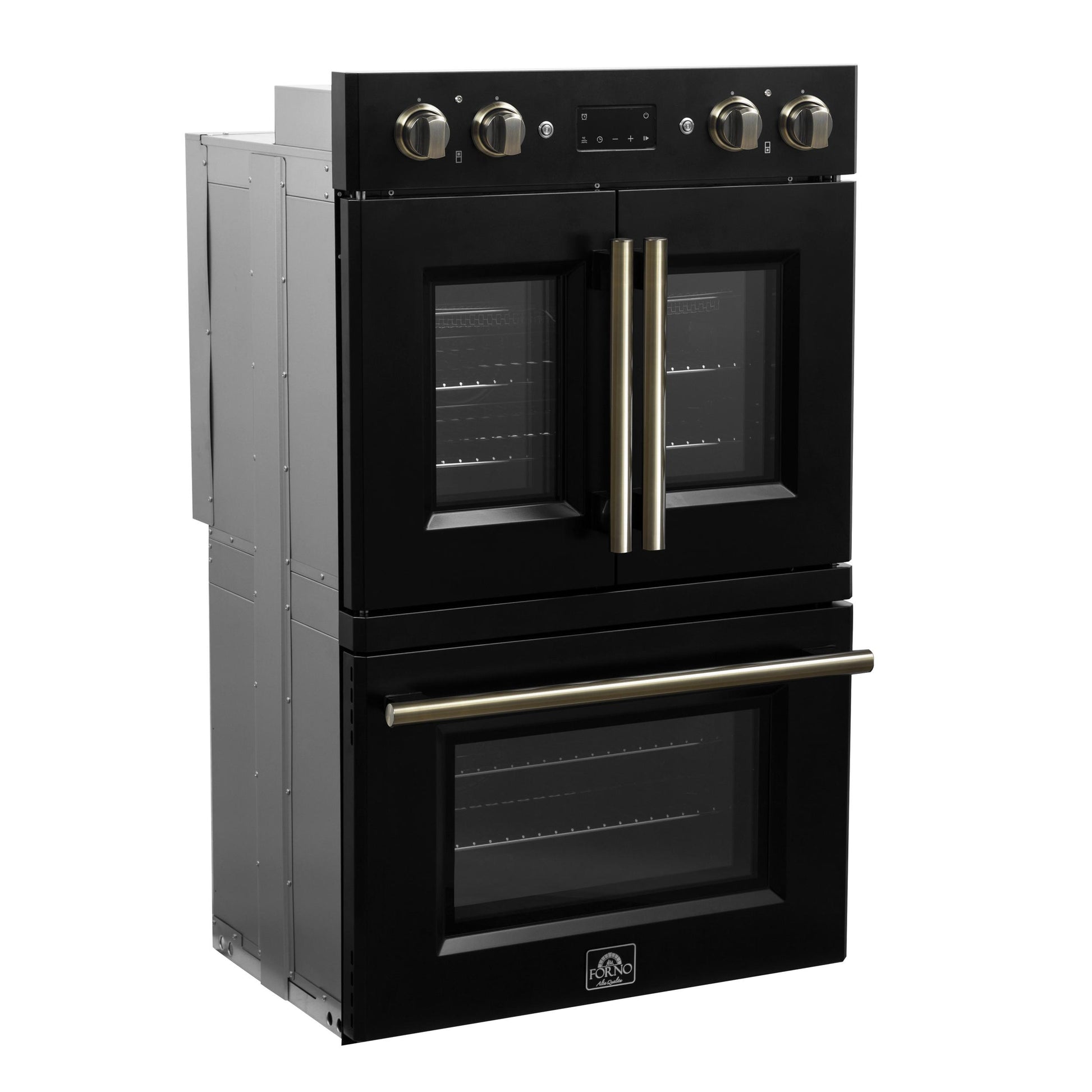 Forno FBOEL134030BLK Forno Asti 30-Inch Double Electric Wall Oven With Upper French Doors In Black & Antique Brass, 7.36 Cu. Ft. Dual True Convection, 7,200W, Air Fry, Sous Vide, Self-Clean
