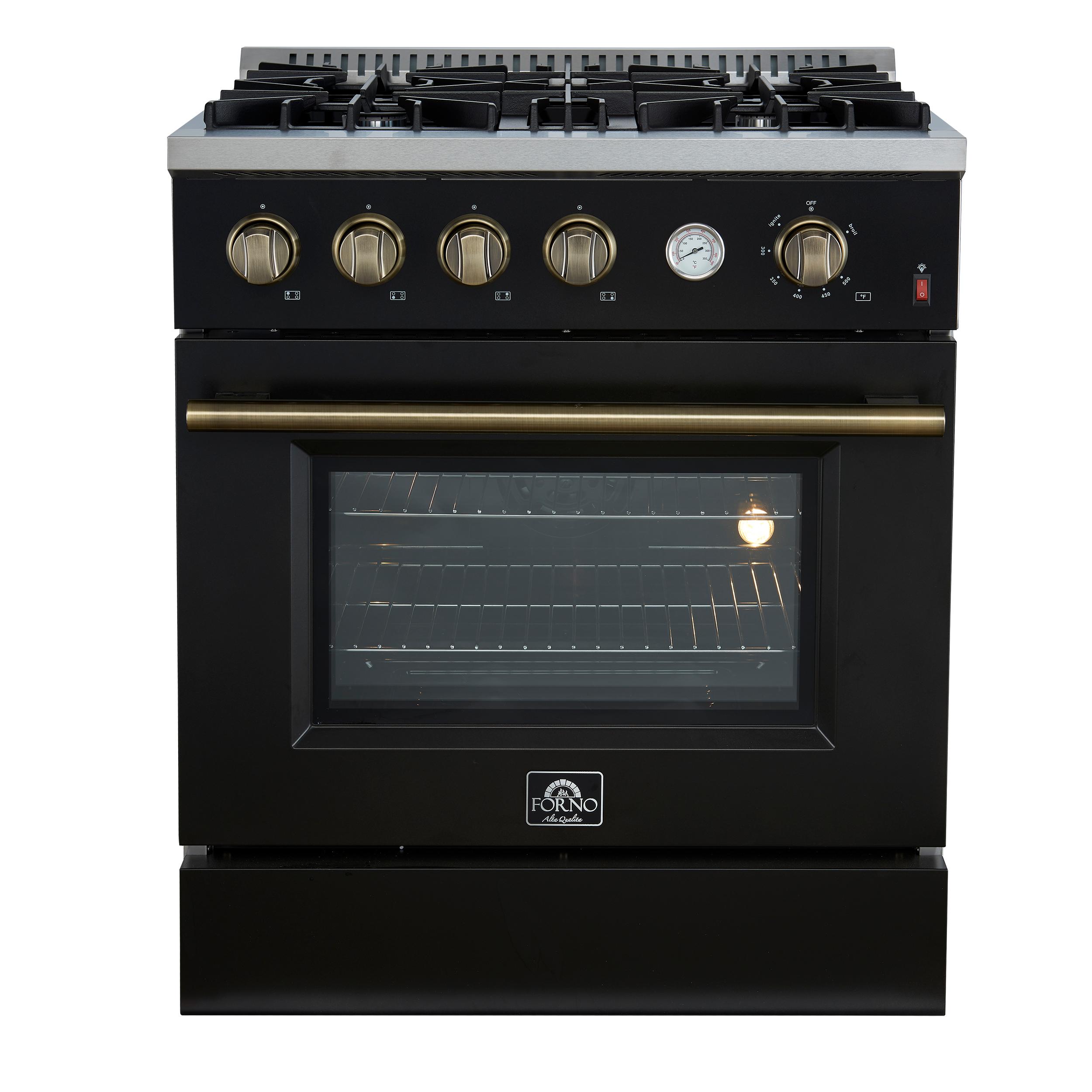Forno FFSGS627730BLK Marco 30-Inch Gas Range Black & Antique Brass Design, 4 Burners 37,000 Btu, 4.32 Cu.Ft. Convection Oven