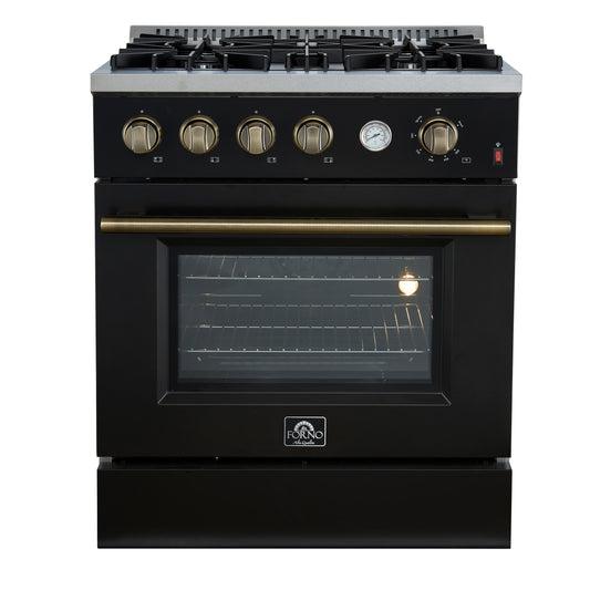 Forno FFSGS627730BLK Marco 30-Inch Gas Range Black & Antique Brass Design, 4 Burners 37,000 Btu, 4.32 Cu.Ft. Convection Oven