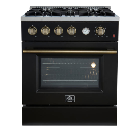 Forno FFSGS627730BLK Marco 30-Inch Gas Range Black & Antique Brass Design, 4 Burners 37,000 Btu, 4.32 Cu.Ft. Convection Oven