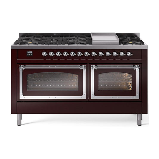 Ilve UN60FNMPBUCLP Ilve Un60Fnmpbuclp Nostalgie Ii Noblesse 60" Dual Fuel Range (9 Sealed Burners + Griddle, Liquid Propane, Triple Glass Door, Burgundy, Chrome)