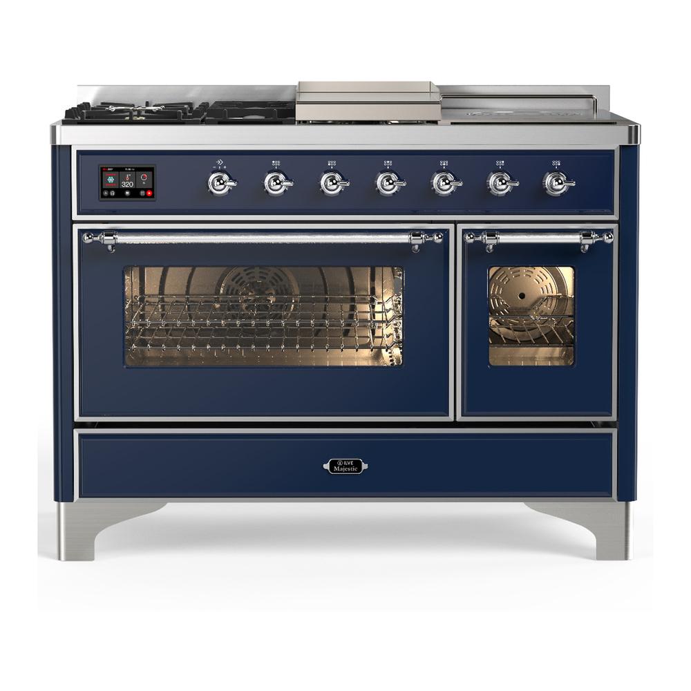 Ilve UM48FSNR3MBCLP Ilve Um48Fsnr3Mbclp Majestic Iii 48 Inch Dual Fuel Range With 5 Black Brass Burners, Griddle And French Top, Dual Function Burner Up To 25,000 Btu (Liquid Propane, Triple Glass Door, Midnight Blue, Chrome)