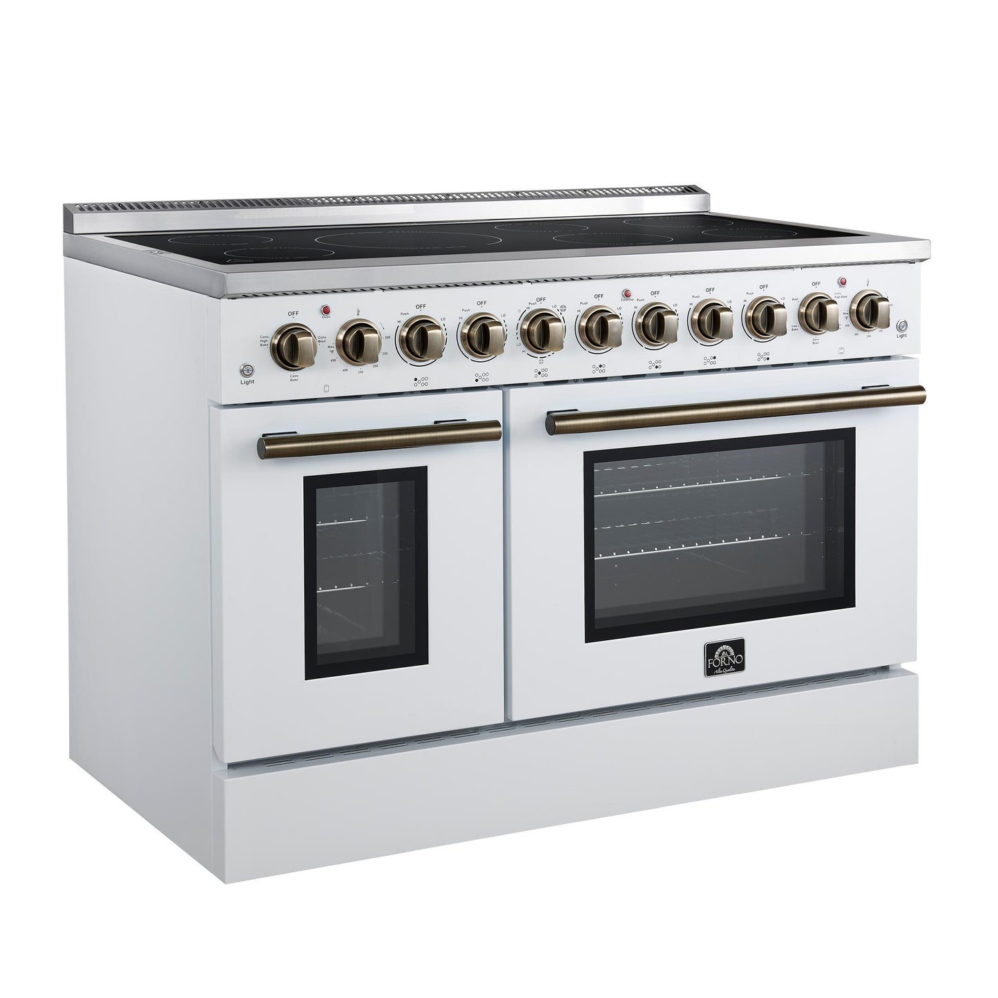 Forno FFSEL601148WHT Forno Paolo 48 Inch Freestanding Electric Range In White With Antique Brass, 6.7 Cu.Ft, True Convection Oven, Energy Efficient