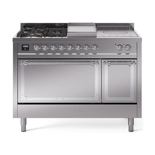 Ilve UN48FSQNMPSSC Ilve Un48Fsqnmpssc Nostalgie Ii Noblesse 48" Dual Fuel Range (5 Sealed Burners + Griddle + French Top, Natural Gas, Solid Door, Stainless Steel, Chrome)
