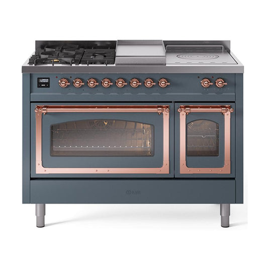 Ilve UN48FSNMPBGPLP Ilve Un48Fsnmpbgplp Nostalgie Ii Noblesse 48" Dual Fuel Range (5 Sealed Burners + Griddle + French Top, Liquid Propane, Triple Glass Door, Blue Grey, Copper)