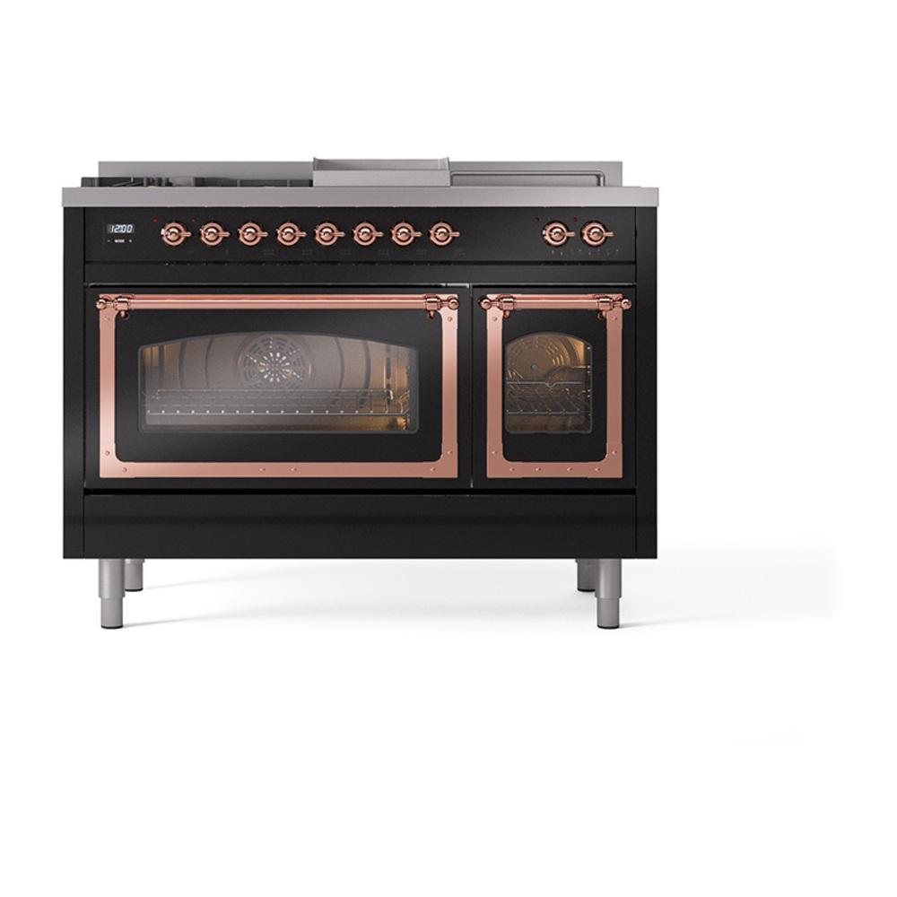 Ilve UN48FSNMPBKPLP Ilve Un48Fsnmpbkplp Nostalgie Ii Noblesse 48" Dual Fuel Range (5 Sealed Burners + Griddle + French Top, Liquid Propane, Triple Glass Door, Glossy Black, Copper)