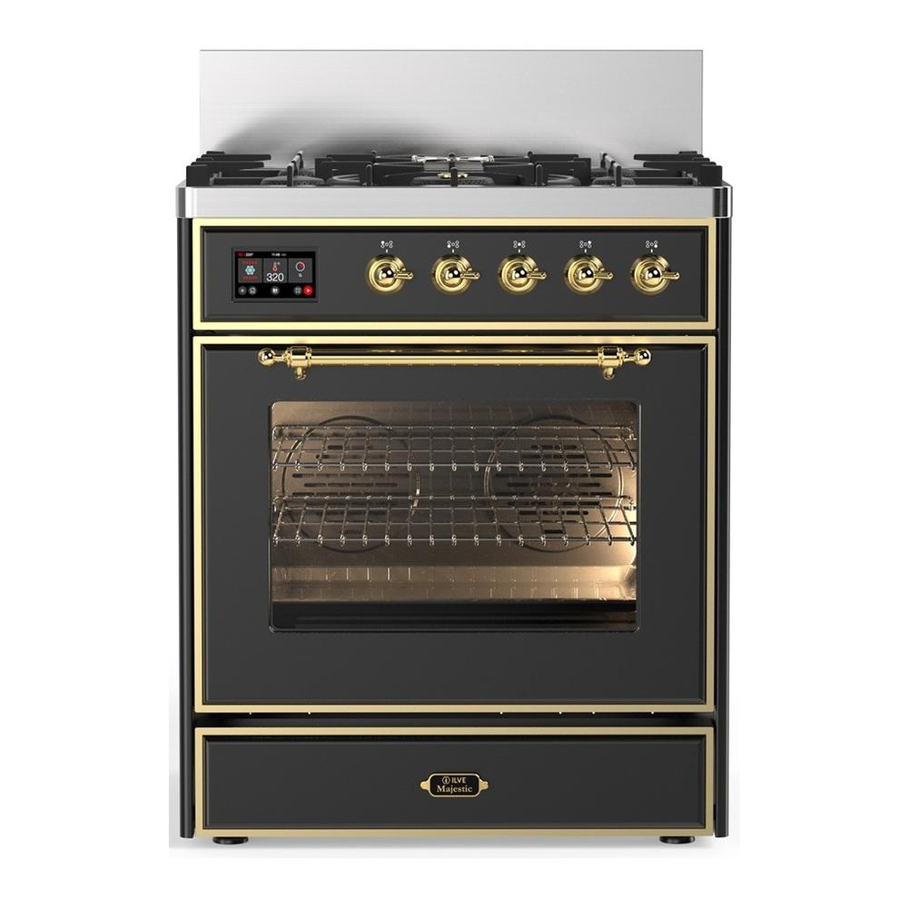 Ilve UM30NR3MGG Ilve Um30Nr3Mgg Majestic Iii 30 Inch Dual Fuel Range With 5 Black Brass Burners, Dual Function Burner Up To 25,000 Btu (Natural Gas, Triple Glass Door, Graphite Matte, Brass)