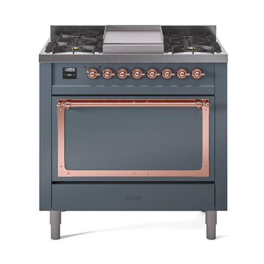 Ilve UN36FQNMPBGPLP Ilve Un36Fqnmpbgplp Nostalgie Ii Noblesse 36" Dual Fuel Range (Liquid Propane, Solid Door, Blue Grey, Copper)