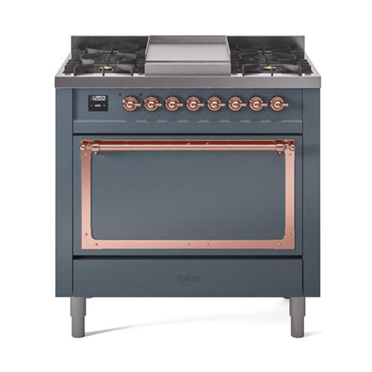 Ilve UN36FQNMPBGPLP Ilve Un36Fqnmpbgplp Nostalgie Ii Noblesse 36" Dual Fuel Range (Liquid Propane, Solid Door, Blue Grey, Copper)