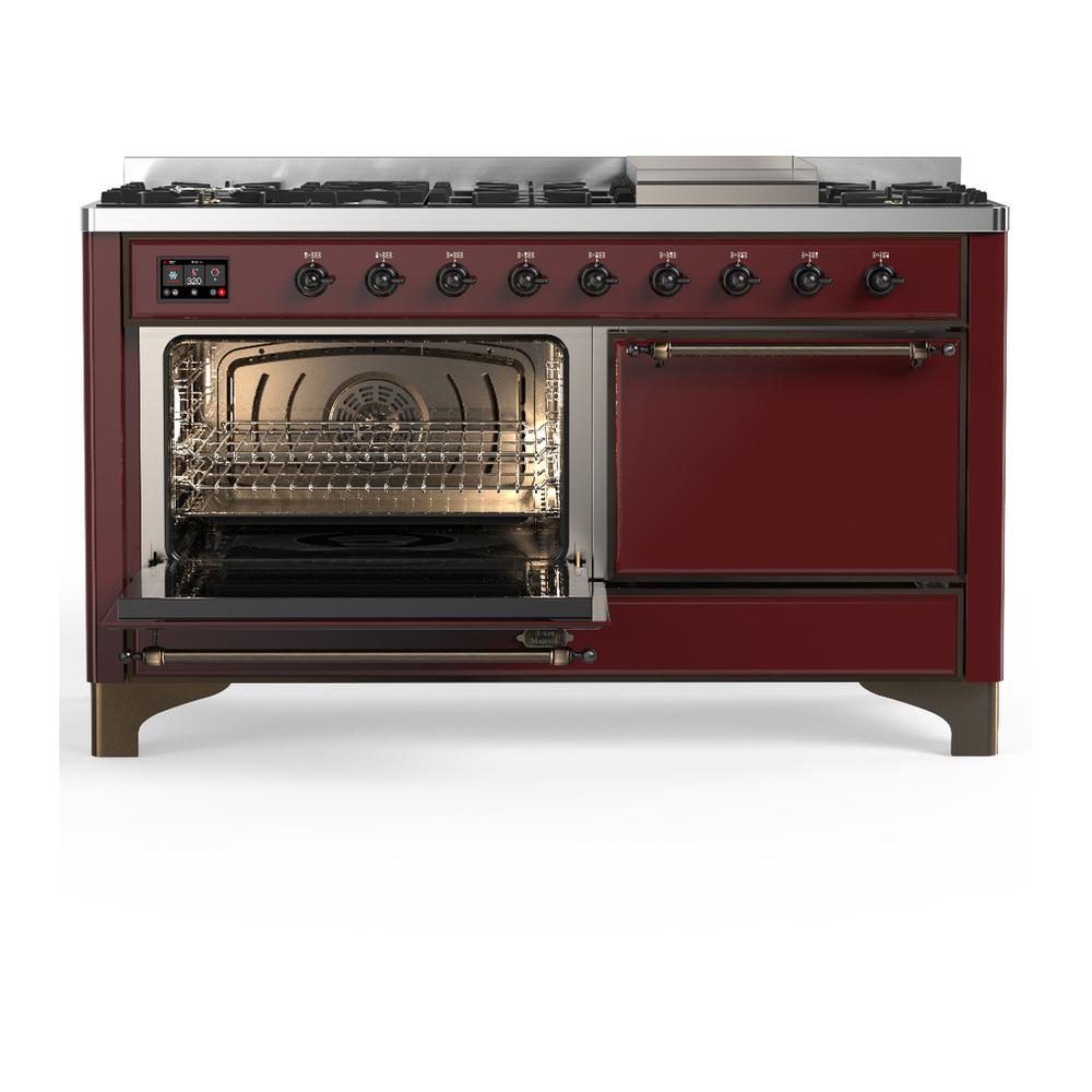 Ilve UM60FQNR3BUB Ilve Um60Fqnr3Bub Majestic Iii 60 Inch Dual Fuel Range With 9 Burners And Griddle, Dual Function Burner Up To 25,000 Btu (Natural Gas, Solid Door, Burgundy, Burnished)