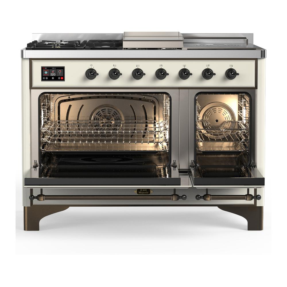 Ilve UM48FSQNR3AWB Ilve Um48Fsqnr3Awb Majestic Iii 48 Inch Dual Fuel Range With 5 Black Brass Burners, Griddle And French Top, Dual Function Burner Up To 25,000 Btu (Natural Gas, Solid Door, Antique White, Burnished)