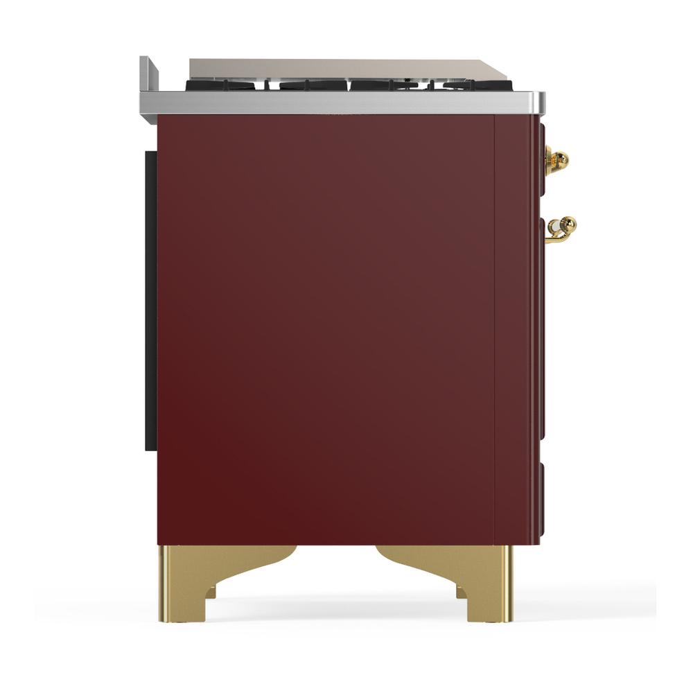 Ilve UM48FQNR3BUG Ilve Um48Fqnr3Bug Majestic Iii 48 Inch Dual Fuel Range With 8 Burners And Griddle, Dual Function Burner Up To 25,000 Btu (Natural Gas, Solid Door, Burgundy, Brass)