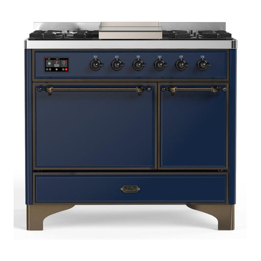 Ilve UMD40FQNR3MBB Ilve Umd40Fqnr3Mbb Majestic Iii 40 Inch Dual Fuel Range With 6 Burners And Griddle, Dual Function Burner Up To 25,000 Btu (Natural Gas, Solid Door, Midnight Blue, Burnished)