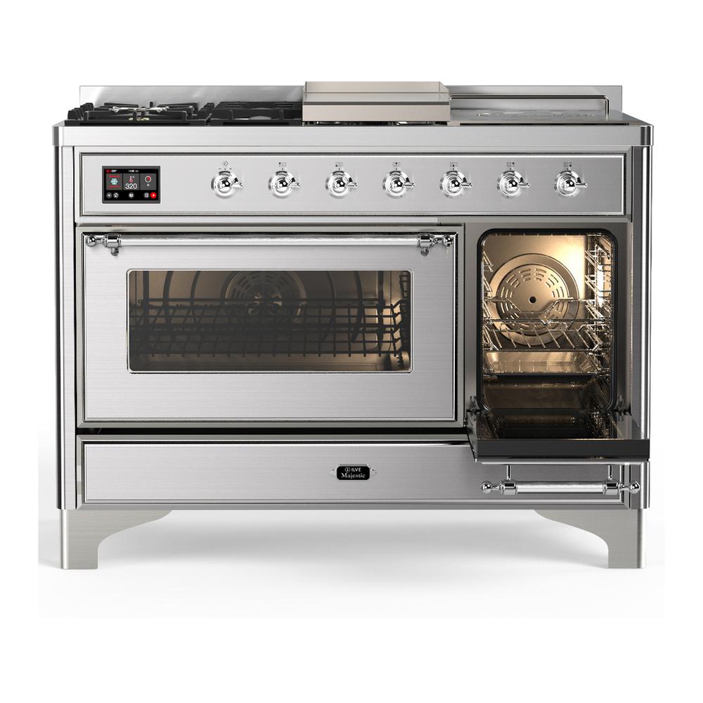 Ilve UM48FSNR3SSC Ilve Um48Fsnr3Ssc Majestic Iii 48 Inch Dual Fuel Range With 5 Black Brass Burners, Griddle And French Top, Dual Function Burner Up To 25,000 Btu (Natural Gas, Triple Glass Door, Stainless Steel, Chrome)