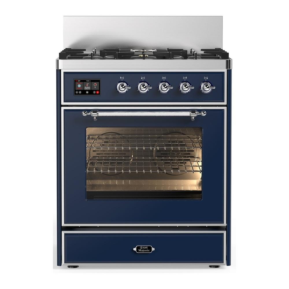 Ilve UM30NR3MBC Ilve Um30Nr3Mbc Majestic Iii 30 Inch Dual Fuel Range With 5 Black Brass Burners, Dual Function Burner Up To 25,000 Btu (Natural Gas, Triple Glass Door, Midnight Blue, Chrome)