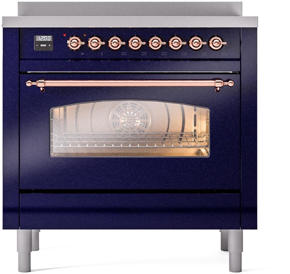 Ilve UPI366NMPMBP Nostalgie Ii 36 Inch Electric Freestanding Range In Blue With Copper Trim