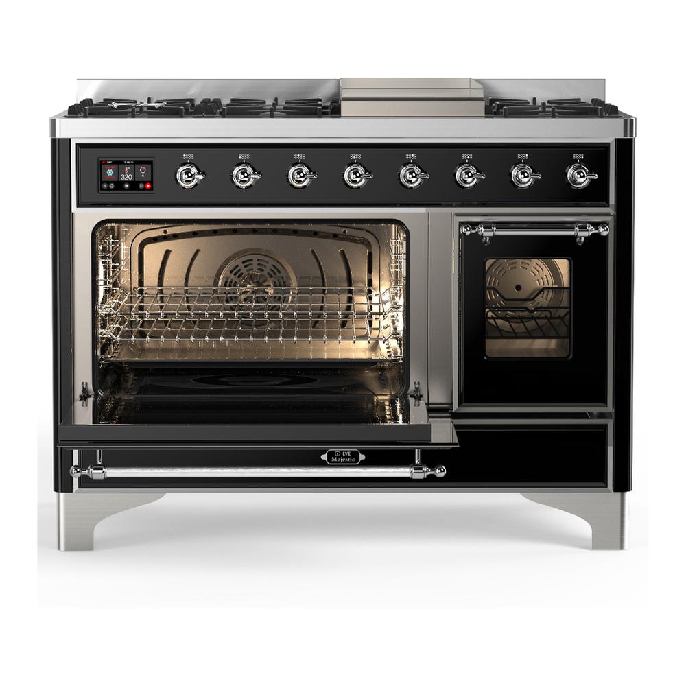 Ilve UM48FNR3BKC Ilve Um48Fnr3Bkc Majestic Iii 48 Inch Dual Fuel Range With 8 Burners And Griddle, Dual Function Burner Up To 25,000 Btu (Natural Gas, Triple Glass Door, Glossy Black, Chrome)