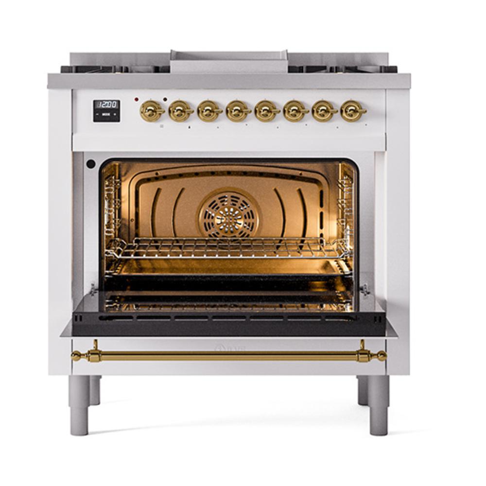Ilve UN36FNMPWHGLP Ilve Un36Fnmpwhglp Nostalgie Ii Noblesse 36" Dual Fuel Range (Liquid Propane, Triple Glass Door, White, Brass)
