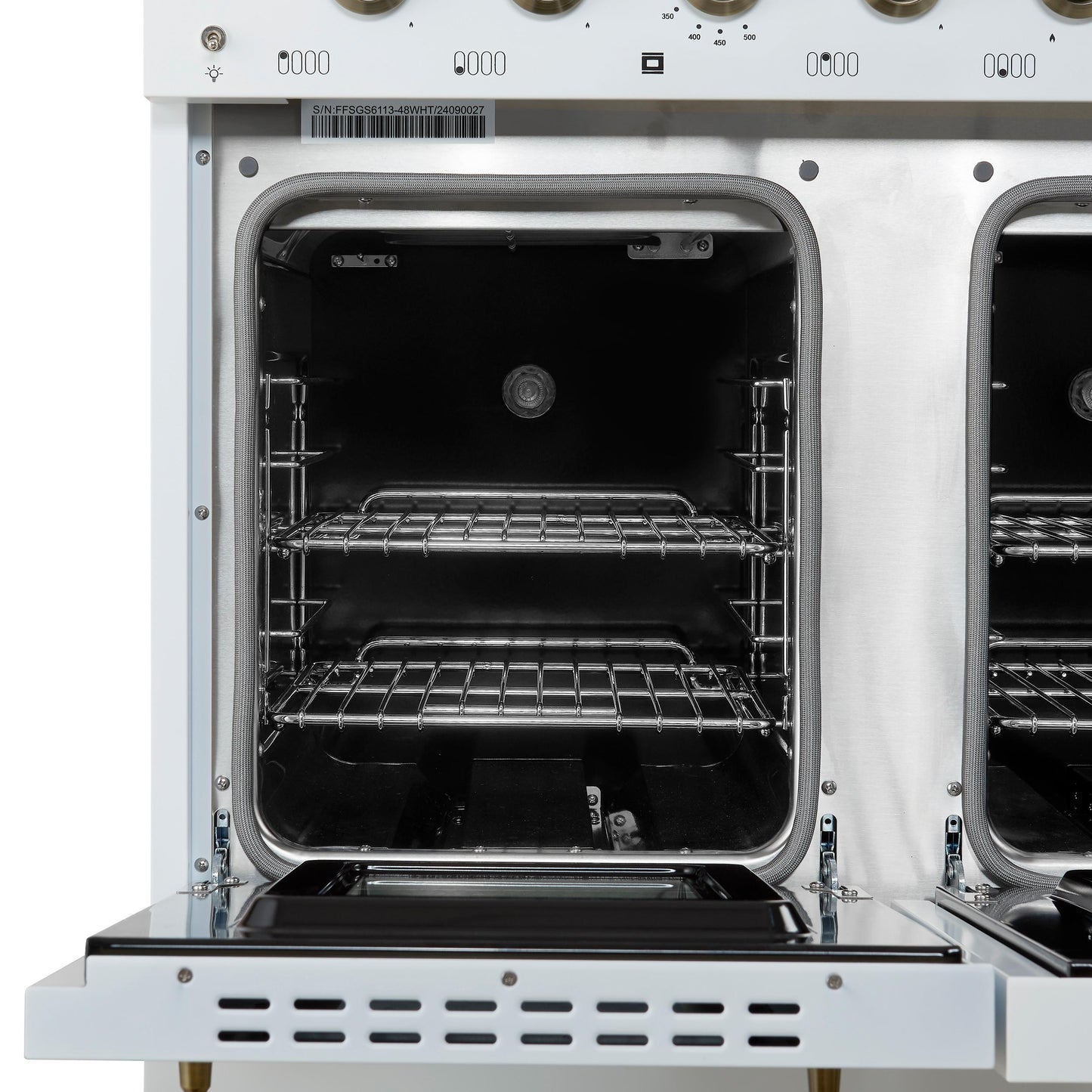 Forno FFSGS611348WHT Forno Antico 48-Inch Dual Fuel Range, White With Antique Brass Finish, 8 Burners, 94,000 Btu, 5.5 Cu.Ft. Double Ovens & Griddle