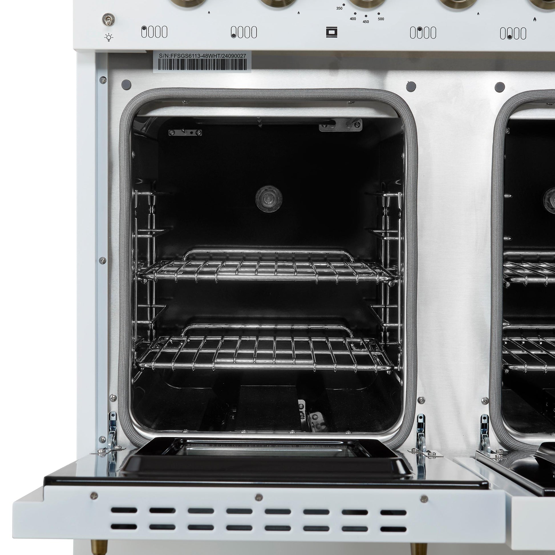 Forno FFSGS611348WHT Forno Antico 48-Inch Dual Fuel Range, White With Antique Brass Finish, 8 Burners, 94,000 Btu, 5.5 Cu.Ft. Double Ovens & Griddle