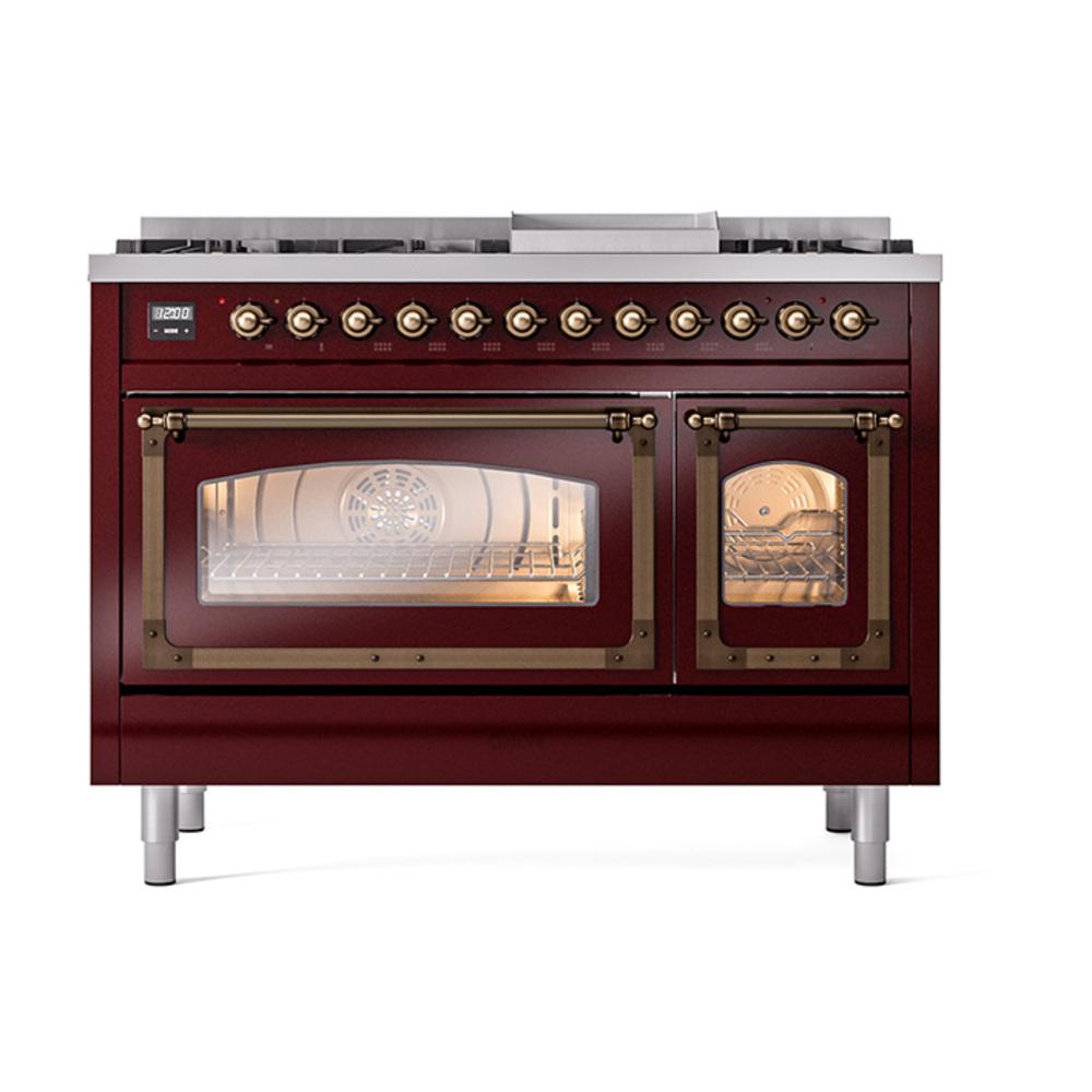 Ilve UN48FNMPBUB Ilve Un48Fnmpbub Nostalgie Ii Noblesse 48" Dual Fuel Range (8 Sealed Burners + Griddle, Natural Gas, Triple Glass Door, Burgundy, Burnished)