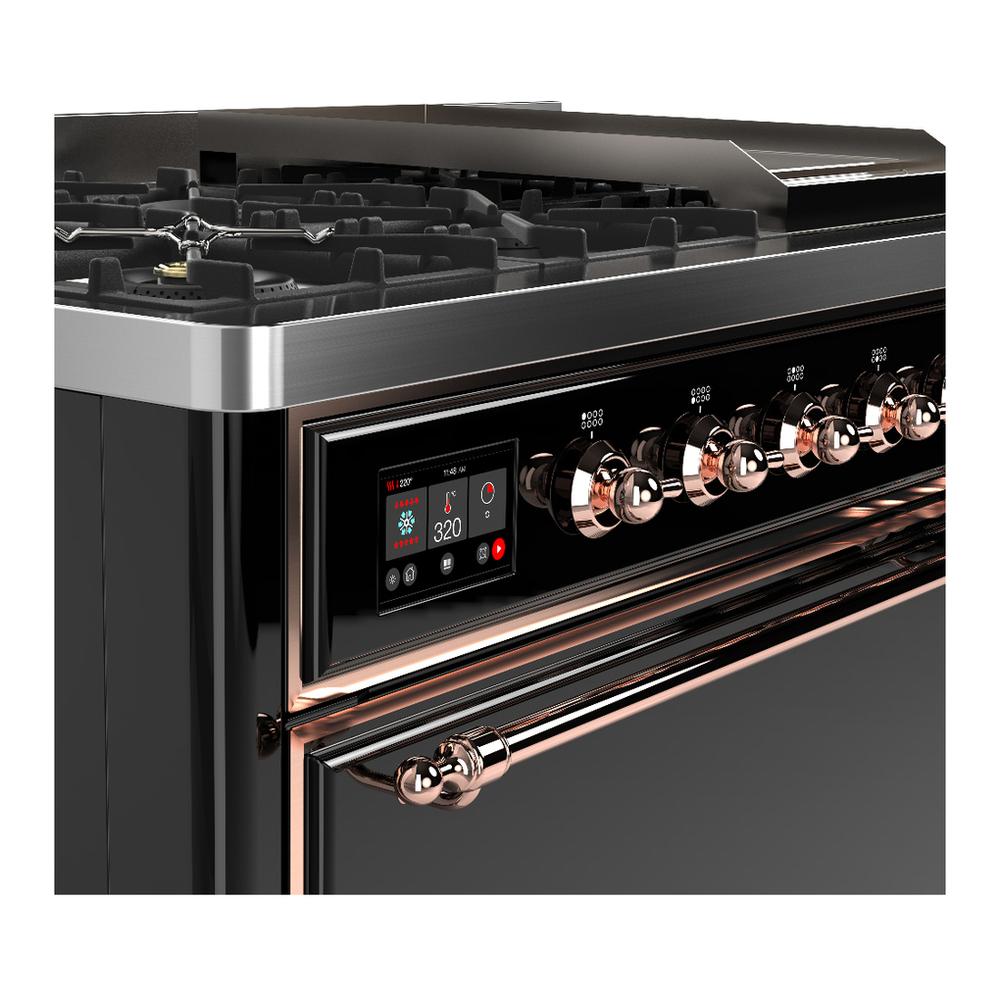 Ilve UM48FQNR3BKPLP Ilve Um48Fqnr3Bkplp Majestic Iii 48 Inch Dual Fuel Range With 8 Burners And Griddle, Dual Function Burner Up To 25,000 Btu (Liquid Propane, Solid Door, Glossy Black, Copper)