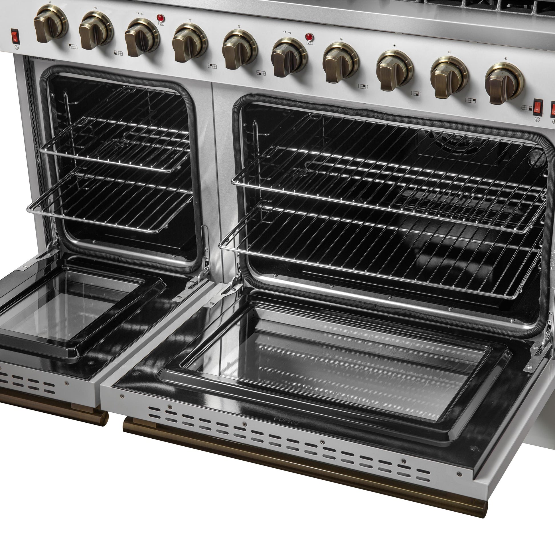 Forno FFSGS624448WHT Forno Galiano 48-Inch Gas Range White & Antique Brass Design, 8 Burners, 107,000 Btu, Griddle, 6.58 Cu.Ft. Double Ovens
