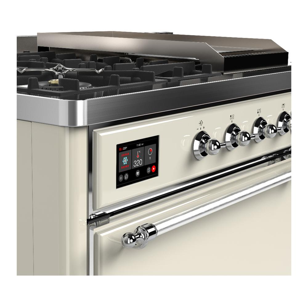 Ilve UM48FSQNR3AWCLP Ilve Um48Fsqnr3Awclp Majestic Iii 48 Inch Dual Fuel Range With 5 Black Brass Burners, Griddle And French Top, Dual Function Burner Up To 25,000 Btu (Liquid Propane, Solid Door, Antique White, Chrome)