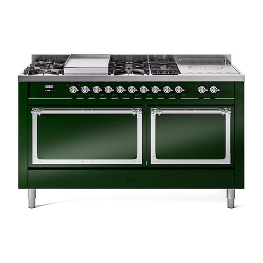 Ilve UN60FSQNMPEGCLP Ilve Un60Fsqnmpegclp Nostalgie Ii Noblesse 60" Dual Fuel Range (7 Sealed Burners + Griddle + French Top, Liquid Propane, Solid Door, Emerald Green, Chrome)
