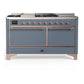 Ilve UM60FSQNR3BGPLP Ilve Um60Fsqnr3Bgplp Majestic Iii 60 Inch Dual Fuel Range With 7 Burners, Griddle And French Top, Dual Function Burner With Up To 25,000 Btu (Liquid Propane, Solid Door, Blue Grey, Copper)