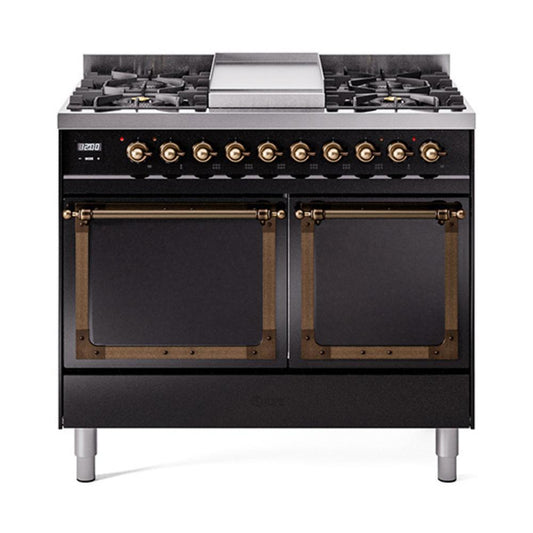 Ilve UND40FQNMPBKB Ilve Und40Fqnmpbkb Nostalgie Ii Noblesse 40" Dual Fuel Range (Natural Gas, Solid Door, Glossy Black, Burnished)