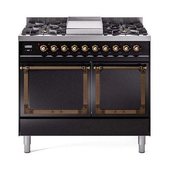 Ilve UND40FQNMPBKB Ilve Und40Fqnmpbkb Nostalgie Ii Noblesse 40" Dual Fuel Range (Natural Gas, Solid Door, Glossy Black, Burnished)