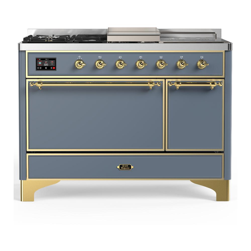 Ilve UM48FSQNR3BGGLP Ilve Um48Fsqnr3Bgglp Majestic Iii 48 Inch Dual Fuel Range With 5 Black Brass Burners, Griddle And French Top, Dual Function Burner Up To 25,000 Btu (Liquid Propane, Solid Door, Blue Grey, Brass)