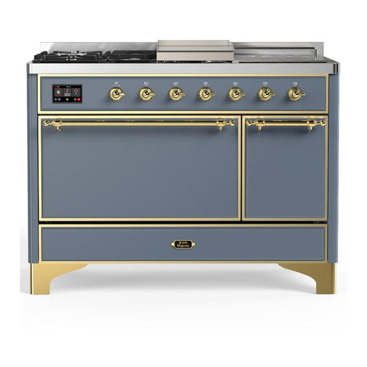 Ilve UM48FSQNR3BGGLP Ilve Um48Fsqnr3Bgglp Majestic Iii 48 Inch Dual Fuel Range With 5 Black Brass Burners, Griddle And French Top, Dual Function Burner Up To 25,000 Btu (Liquid Propane, Solid Door, Blue Grey, Brass)