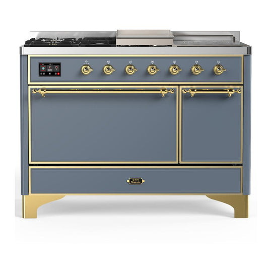 Ilve UM48FSQNR3BGGLP Ilve Um48Fsqnr3Bgglp Majestic Iii 48 Inch Dual Fuel Range With 5 Black Brass Burners, Griddle And French Top, Dual Function Burner Up To 25,000 Btu (Liquid Propane, Solid Door, Blue Grey, Brass)