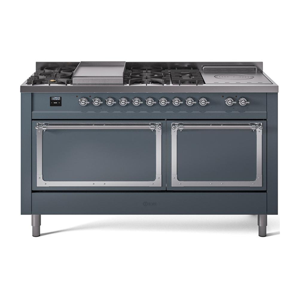 Ilve UN60FSQNMPBGC Ilve Un60Fsqnmpbgc Nostalgie Ii Noblesse 60" Dual Fuel Range (7 Sealed Burners + Griddle + French Top, Natural Gas, Solid Door, Blue Grey, Chrome)