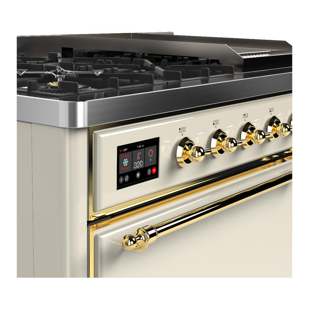 Ilve UM48FQNR3AWG Ilve Um48Fqnr3Awg Majestic Iii 48 Inch Dual Fuel Range With 8 Burners And Griddle, Dual Function Burner Up To 25,000 Btu (Natural Gas, Solid Door, Antique White, Brass)