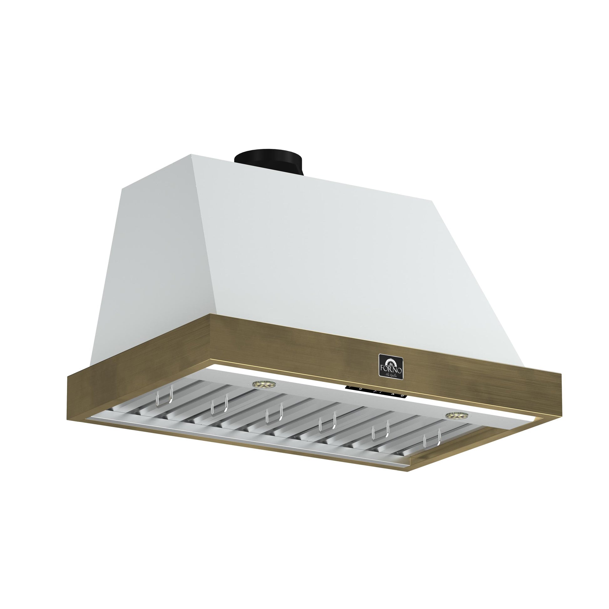 Forno FRHWM507836WHT Forno Vittorio 36-Inch Wall Mount Range Hood, White With Antique Brass Trim, 424 Cfm Airflow, Dishwasher-Safe Baffle Filters, Remote Control, 3-Speed Fan, Bright Led Lighting.