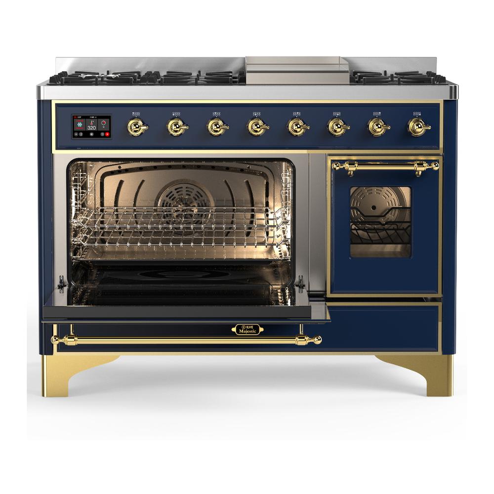 Ilve UM48FNR3MBG Ilve Um48Fnr3Mbg Majestic Iii 48 Inch Dual Fuel Range With 8 Burners And Griddle, Dual Function Burner Up To 25,000 Btu (Natural Gas, Triple Glass Door, Midnight Blue, Brass)