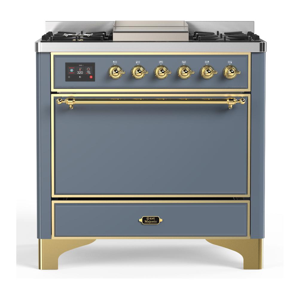 Ilve UM36FQNR3BGGLP Ilve Um36Fqnr3Bgglp Majestic Iii 36 Inch Dual Fuel Range With 6 Black Brass Burners And Griddle, Dual Function Burner Up To 25,000 Btu (Solid Door, Blue Grey, Brass, Liquid Propane)