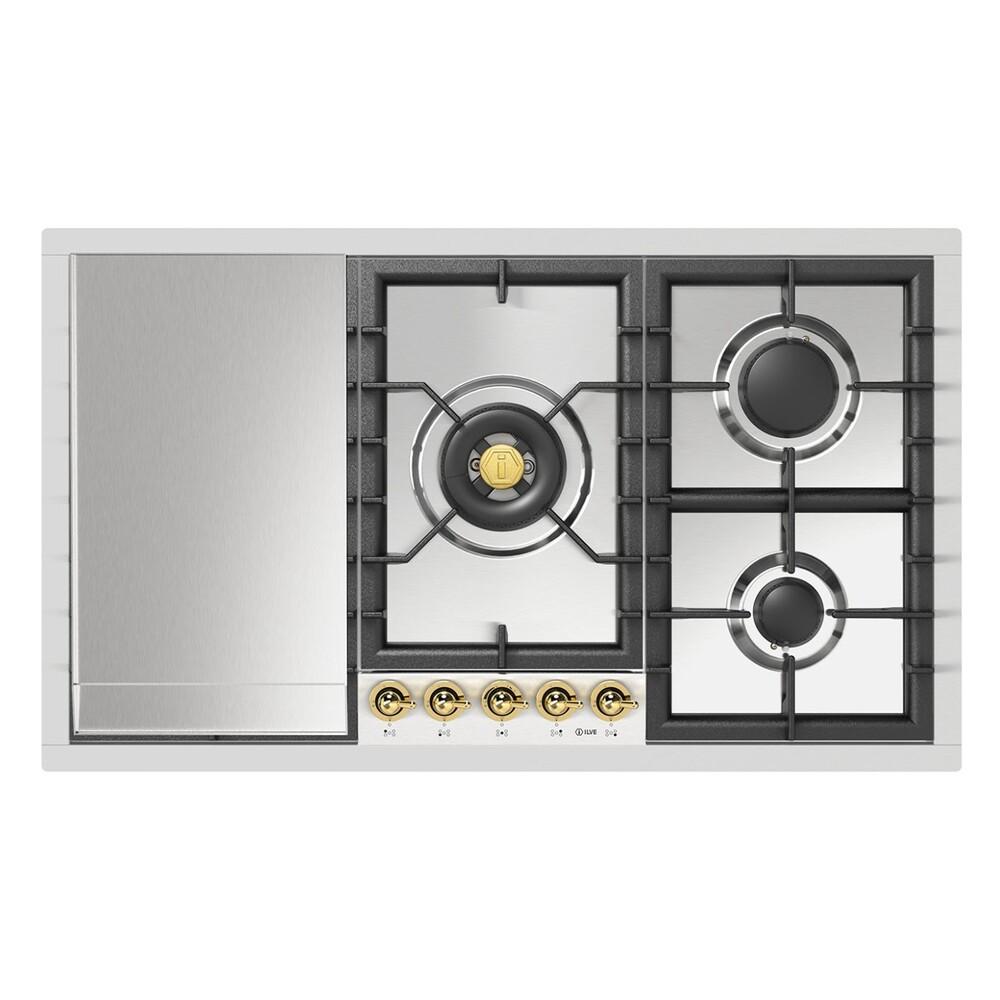 Ilve UHCPT95FNSSG Ilve Uhcpt95Fnssg Nostalgie Ii 36 Inch Built-In Gas Cooktop With Total Black Brass Burners, In Stainless Steel (5 Sealed Burners + Griddle, Natural Gas)