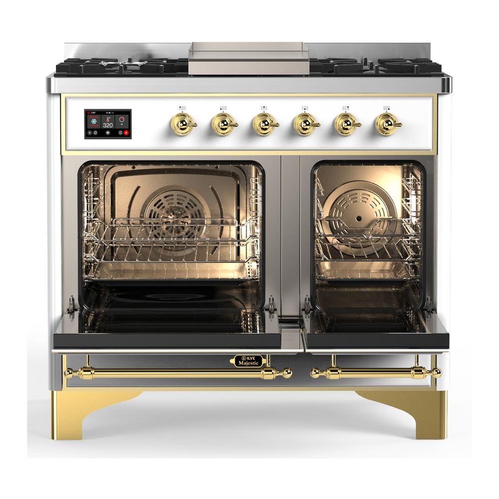 Ilve UMD40FNR3WHGLP Ilve Umd40Fnr3Whglp Majestic Iii 40 Inch Dual Fuel Range With 6 Burners And Griddle, Dual Function Burner Up To 25,000 Btu (Liquid Propane, Triple Glass Door, White, Brass)