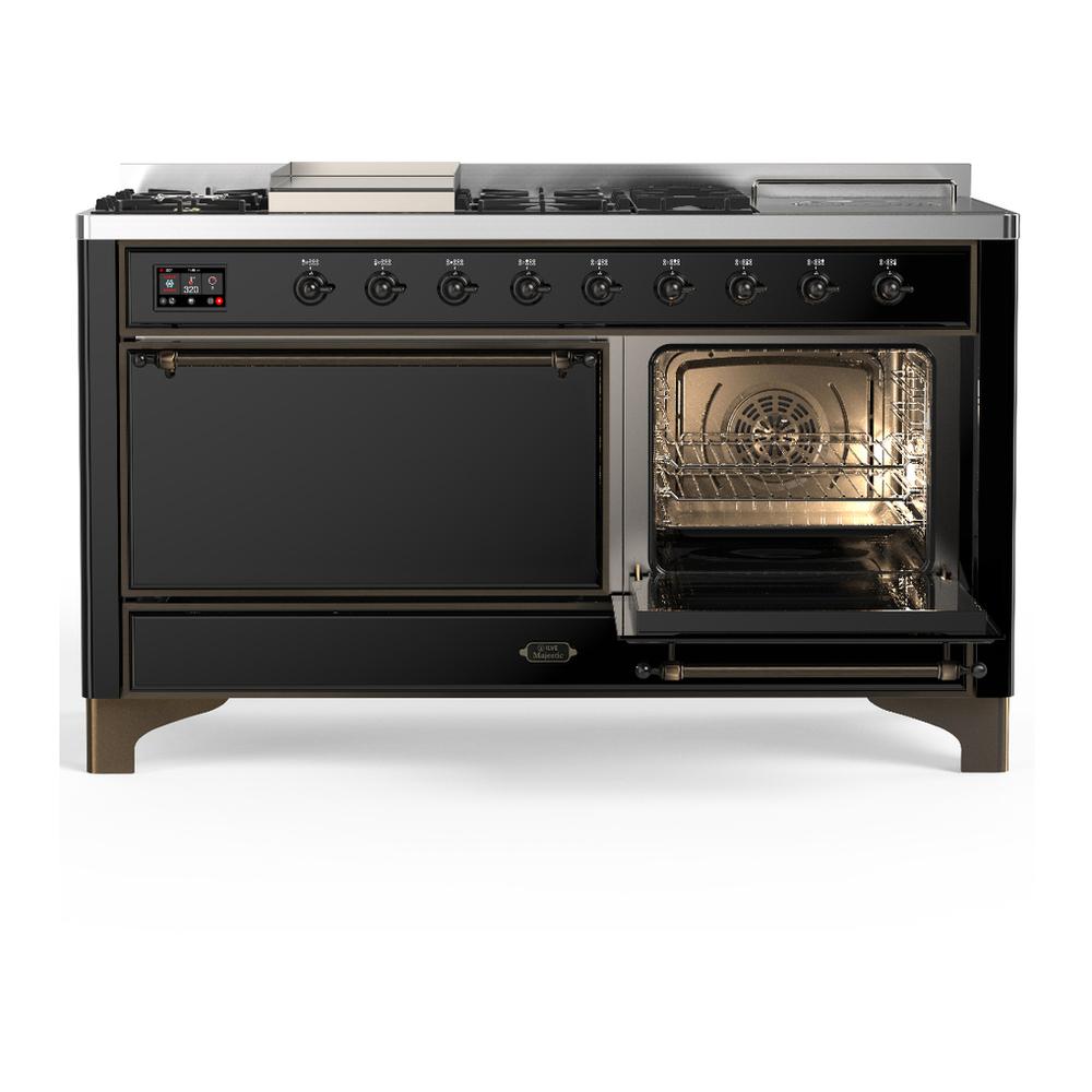 Ilve UM60FSQNR3BKB Ilve Um60Fsqnr3Bkb Majestic Iii 60 Inch Dual Fuel Range With 7 Burners, Griddle And French Top, Dual Function Burner With Up To 25,000 Btu (Natural Gas, Solid Door, Glossy Black, Burnished)