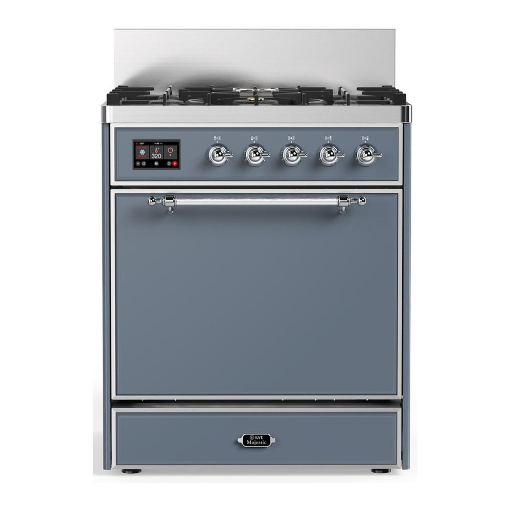 Ilve UM30QNR3BGCLP Ilve Um30Qnr3Bgclp Majestic Iii 30 Inch Dual Fuel Range With 5 Black Brass Burners, Dual Function Burner Up To 25,000 Btu (Liquid Propane, Solid Door, Blue Grey, Chrome)