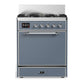 Ilve UM30QNR3BGCLP Ilve Um30Qnr3Bgclp Majestic Iii 30 Inch Dual Fuel Range With 5 Black Brass Burners, Dual Function Burner Up To 25,000 Btu (Liquid Propane, Solid Door, Blue Grey, Chrome)