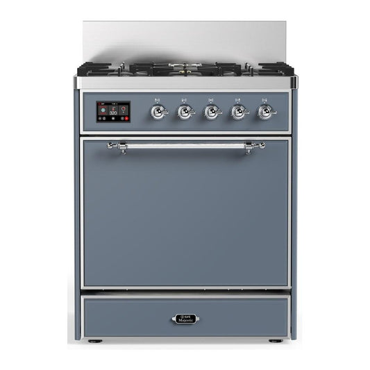 Ilve UM30QNR3BGCLP Ilve Um30Qnr3Bgclp Majestic Iii 30 Inch Dual Fuel Range With 5 Black Brass Burners, Dual Function Burner Up To 25,000 Btu (Liquid Propane, Solid Door, Blue Grey, Chrome)
