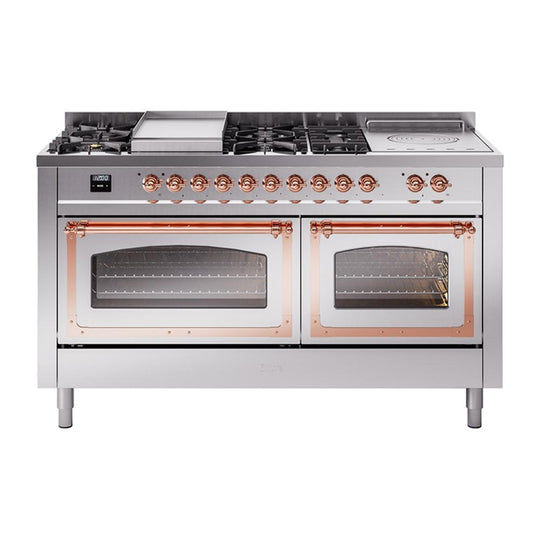 Ilve UN60FSNMPSSPLP Ilve Un60Fsnmpssplp Nostalgie Ii Noblesse 60" Dual Fuel Range (7 Sealed Burners + Griddle + French Top, Liquid Propane, Triple Glass Door, Stainless Steel, Copper)
