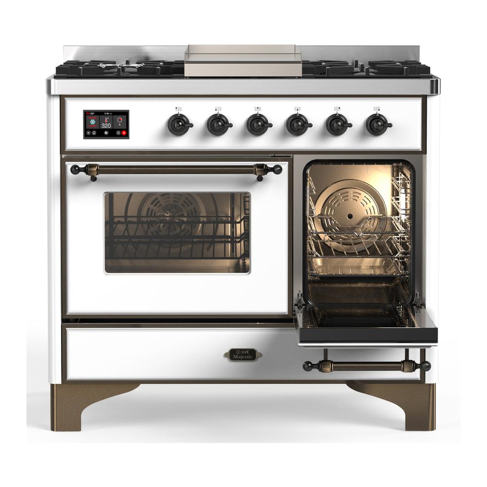 Ilve UMD40FNR3WHB Ilve Umd40Fnr3Whb Majestic Iii 40 Inch Dual Fuel Range With 6 Burners And Griddle, Dual Function Burner Up To 25,000 Btu (Natural Gas, Triple Glass Door, White, Burnished)